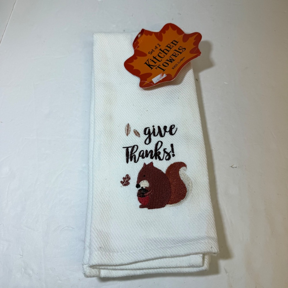 Sleeping Partners Give Thanks Squirrel Acorn Cotton Kitchen Towels Set of 2 Fall